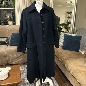 Vintage Navy long ‘wool’ style coat, button up. Size 16